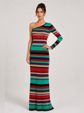 BCBG MAXAZRIA Fashion Statement Anadia Stripe Maxi One shoulder long Dress